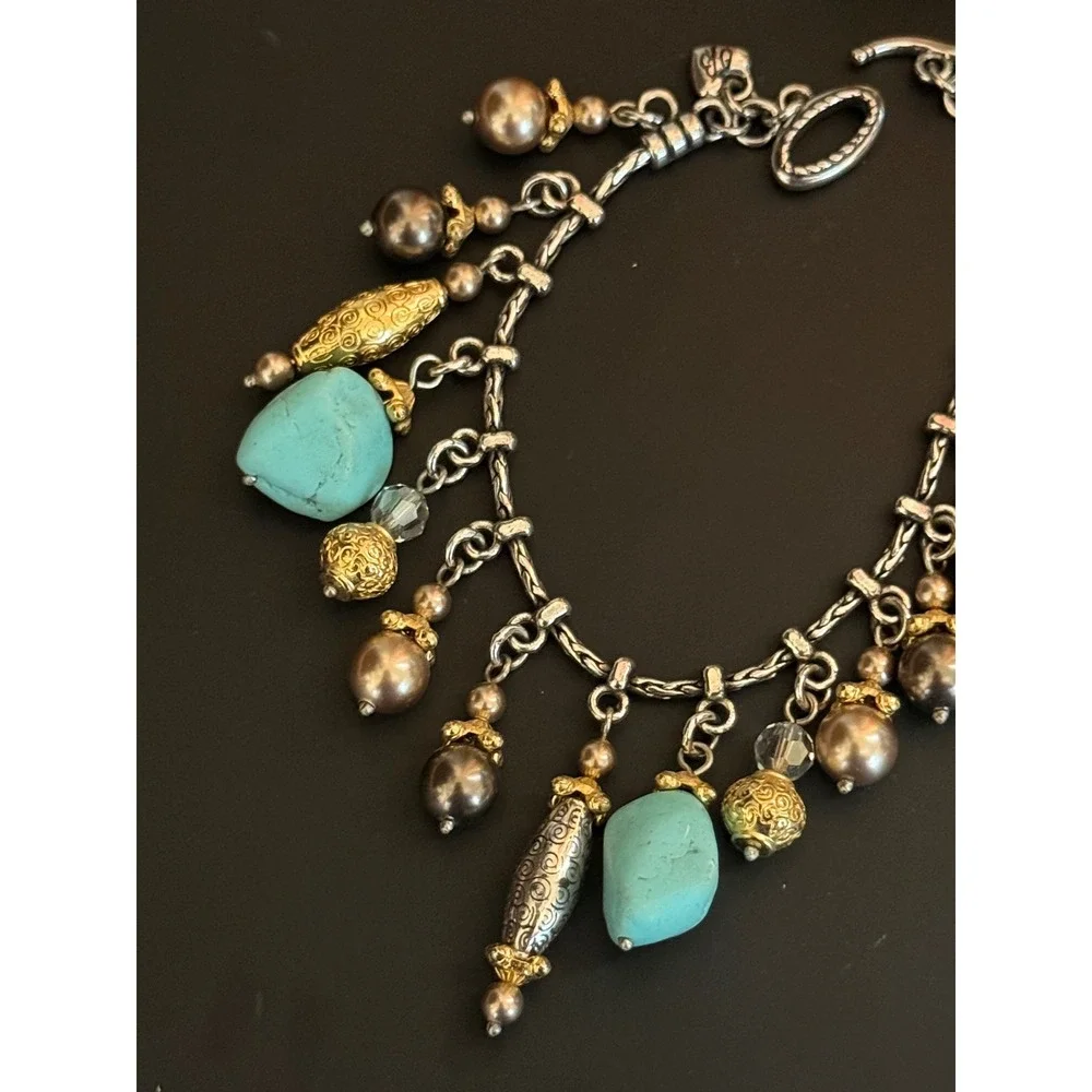 Brighton Turquoise Pearl Mixed Metal Charm Bracelet Silver Gold Tone 7.25